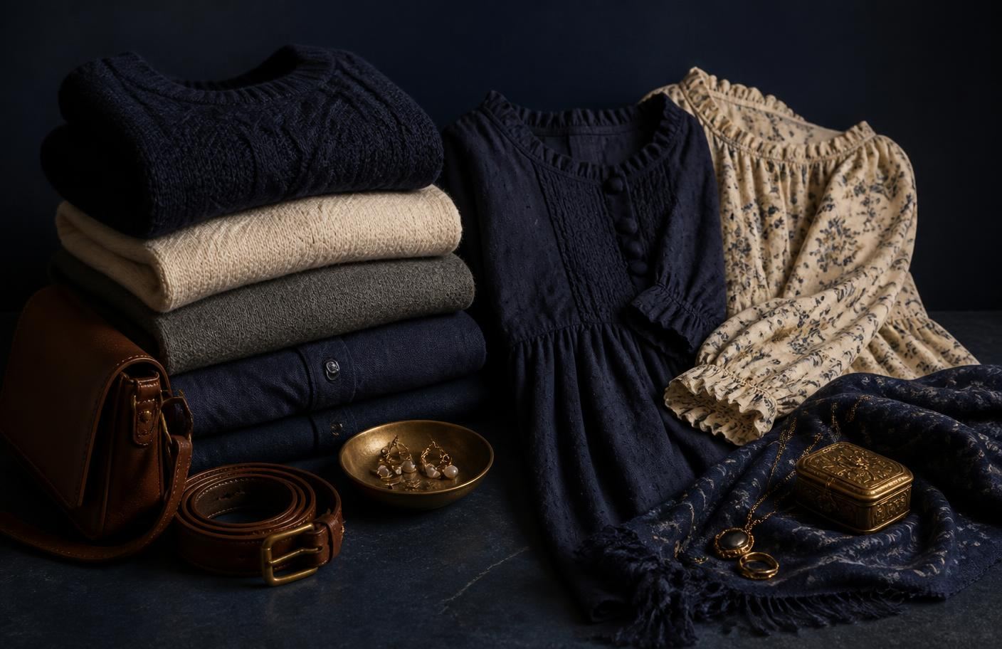 Studio still life of knitwear, vintage-style dresses, leather accessories and jewellery