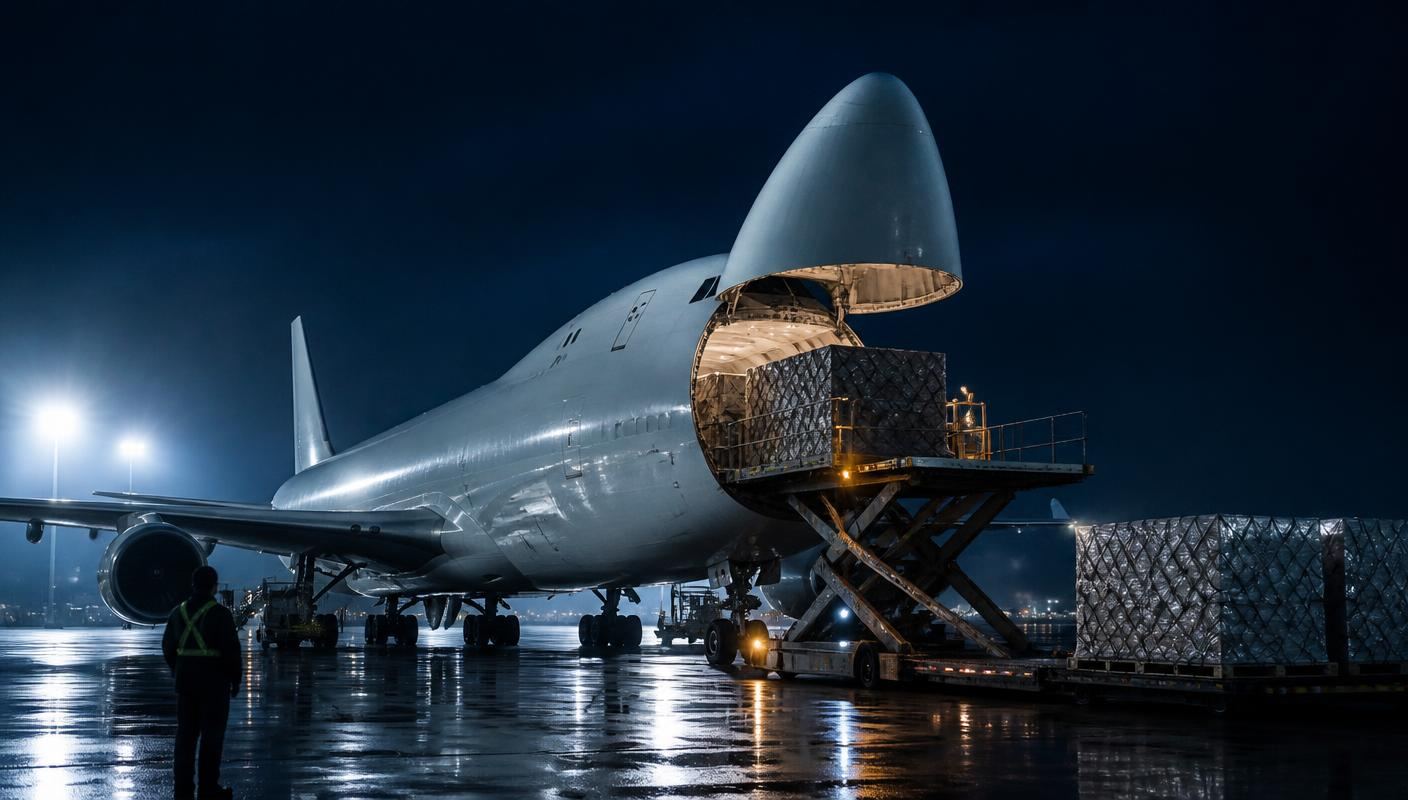 Freighter aircraft being loaded with cargo pallets at night on a wet airport apron