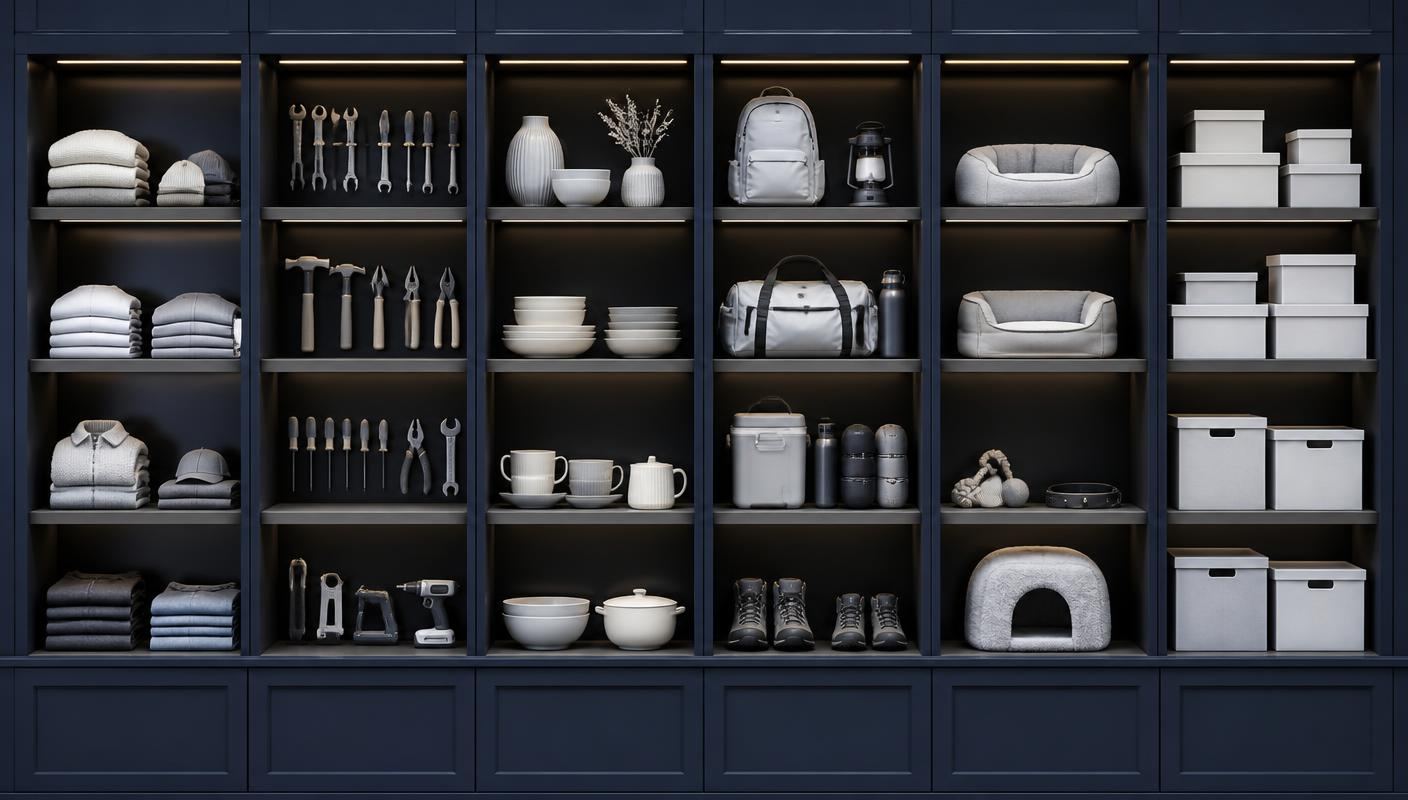 Navy merchandising wall of open display bays holding apparel, tools, homeware, outdoor gear, pet products and packaged goods