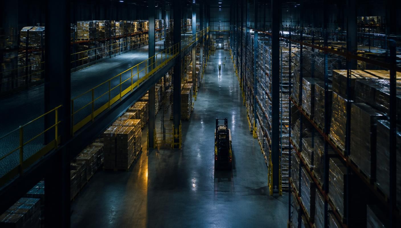 High-bay pallet racking and a wide working aisle inside a large warehouse