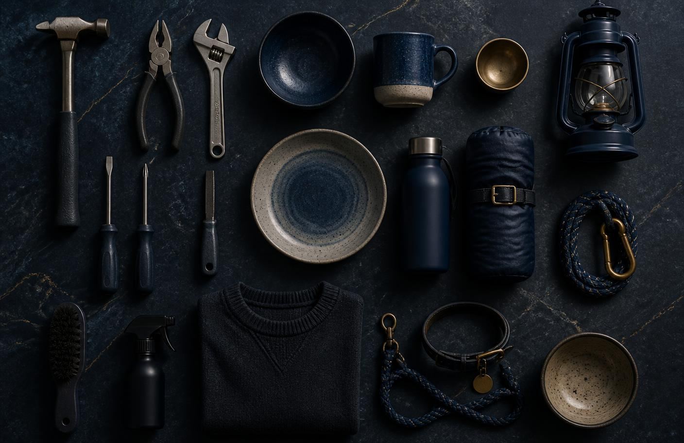 Overhead arrangement of tools, homeware, outdoor gear, apparel and pet accessories