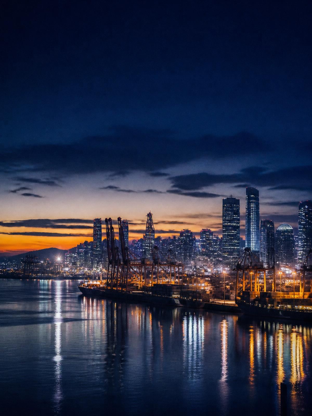 Harbour city skyline and container port cranes at dawn