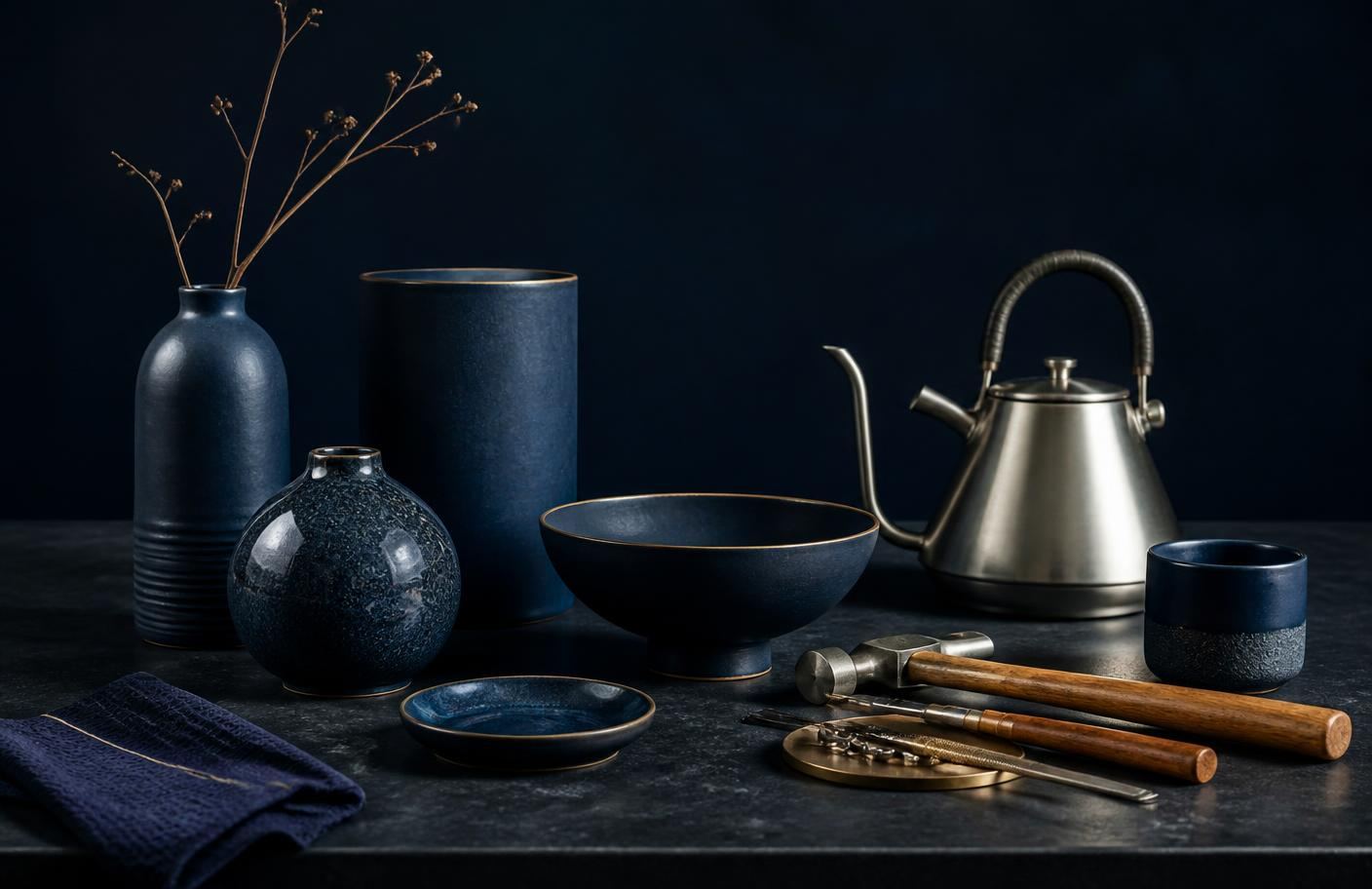 Studio still life of ceramic homeware, a stainless kettle and quality hand tools