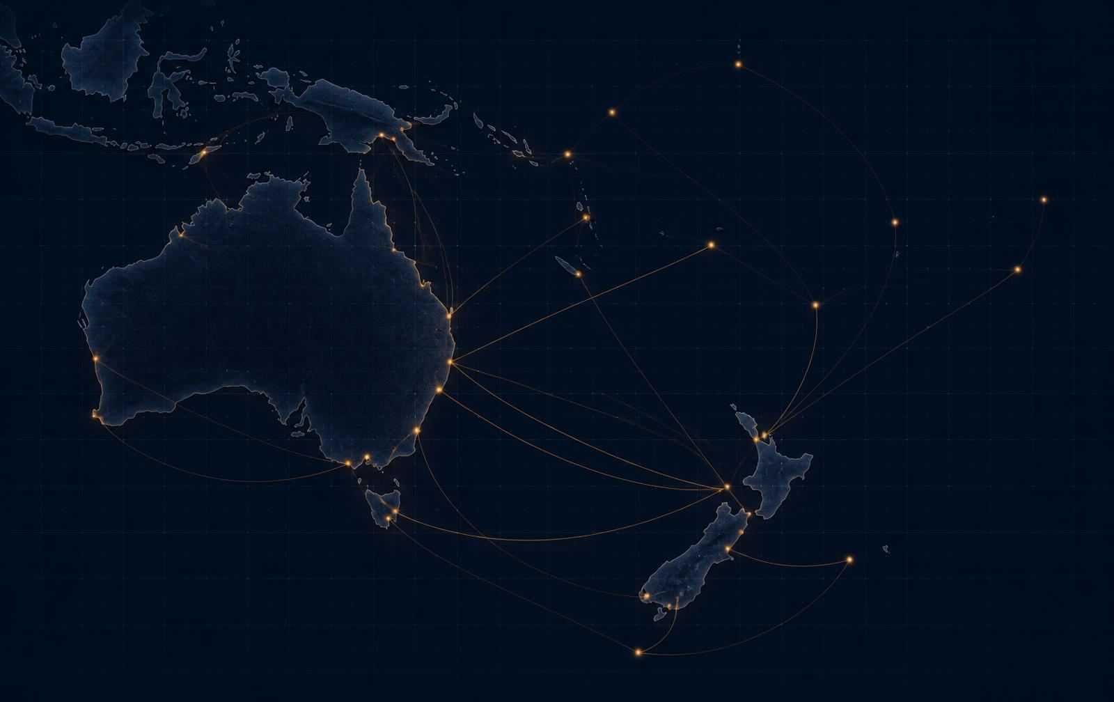 Route map linking New Zealand and Australia across Oceania