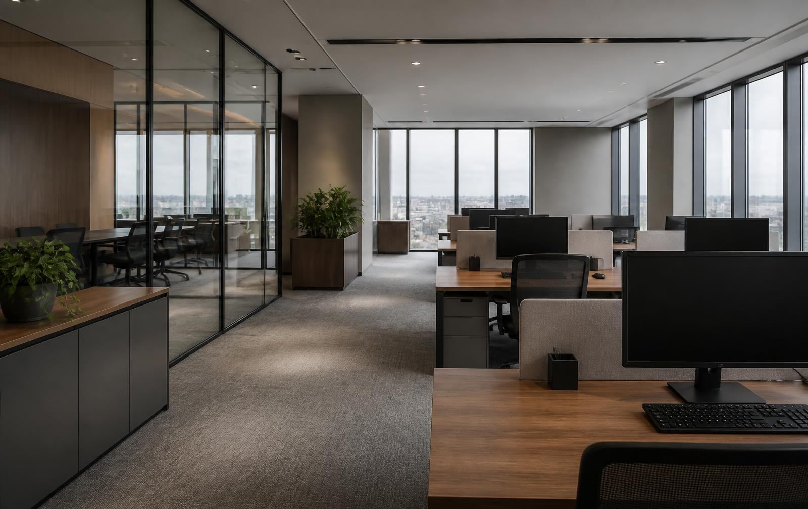 Modern open-plan commercial office with glass meeting rooms and city outlook