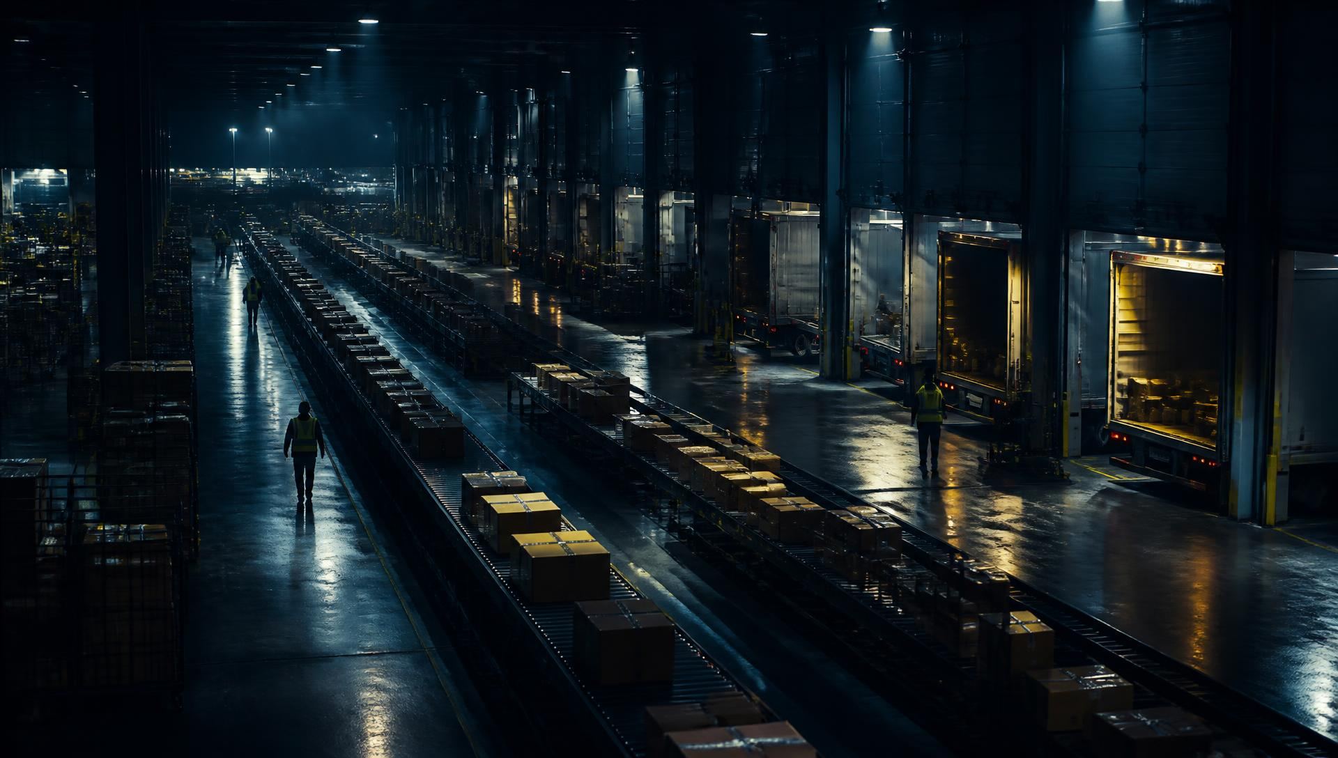 Outbound dispatch hall at night with sorted parcels on conveyors and trucks at the loading docks