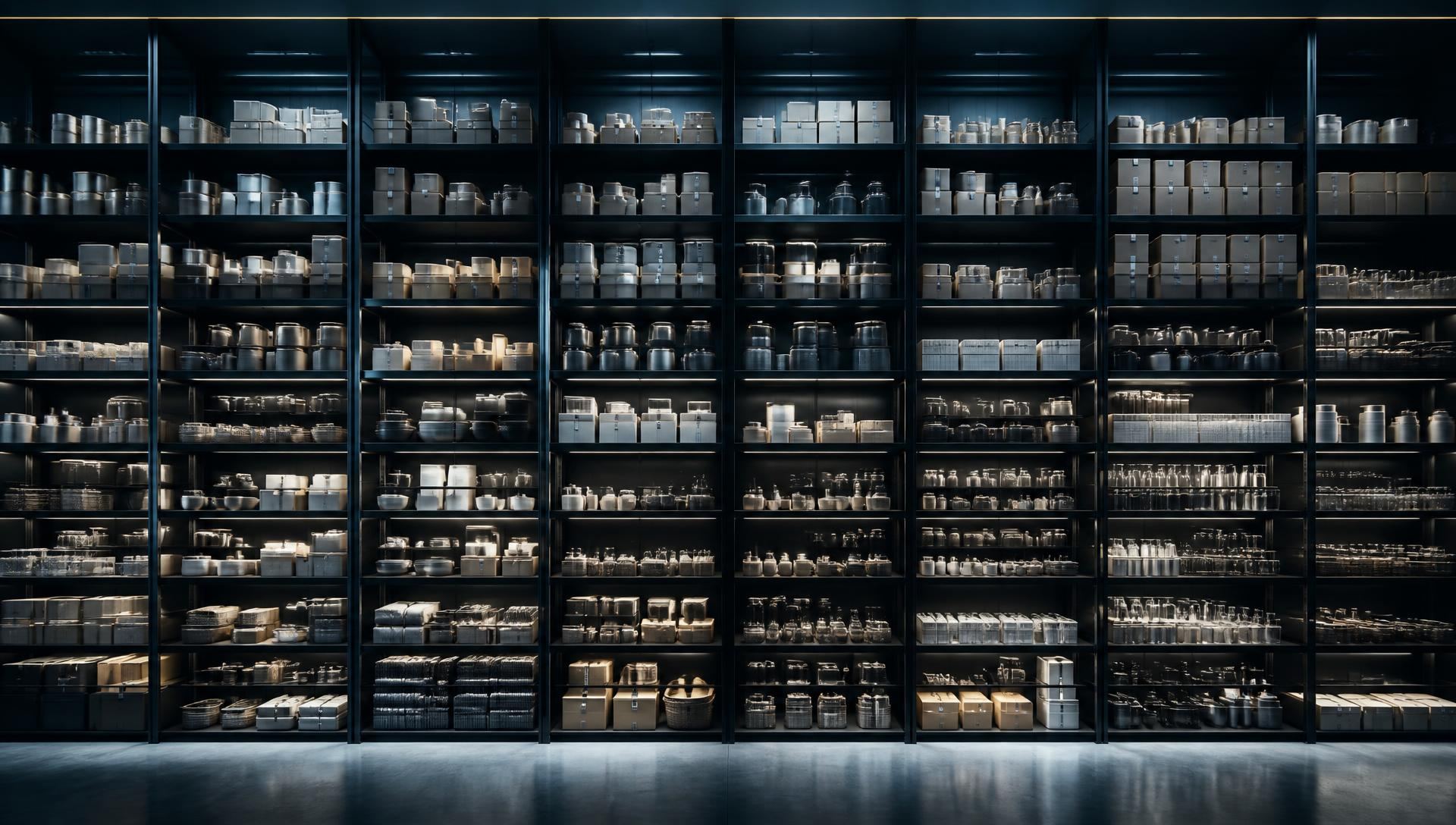 Full-height shelving wall holding a wide multi-category assortment of stock